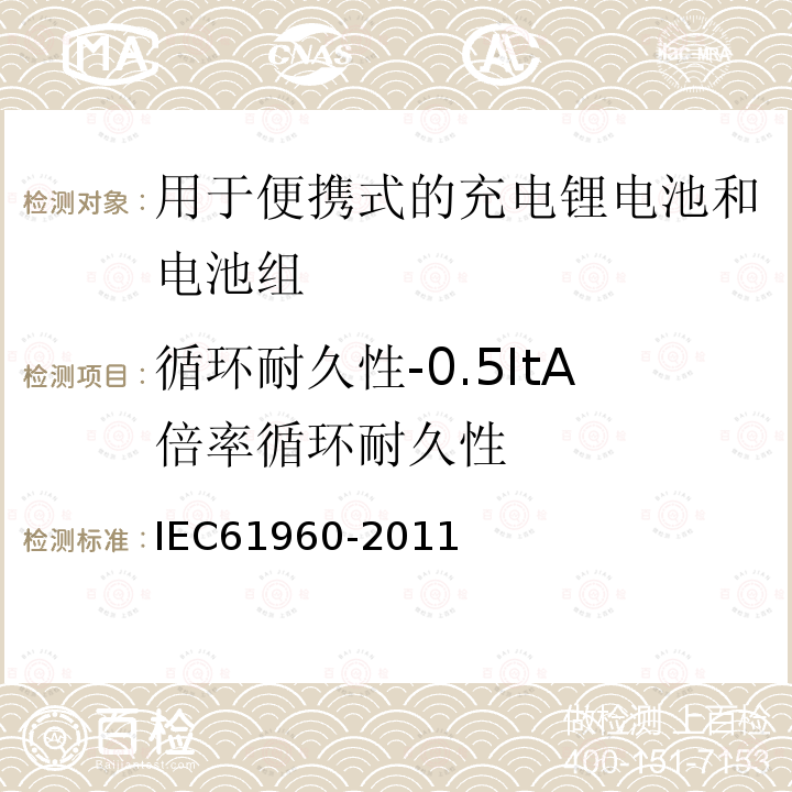 循环耐久性-0.5ItA倍率循环耐久性 IEC 61960-2011 含碱性或其它非酸性电解质的蓄电池和蓄电池组 便携式锂蓄电池和蓄电池组