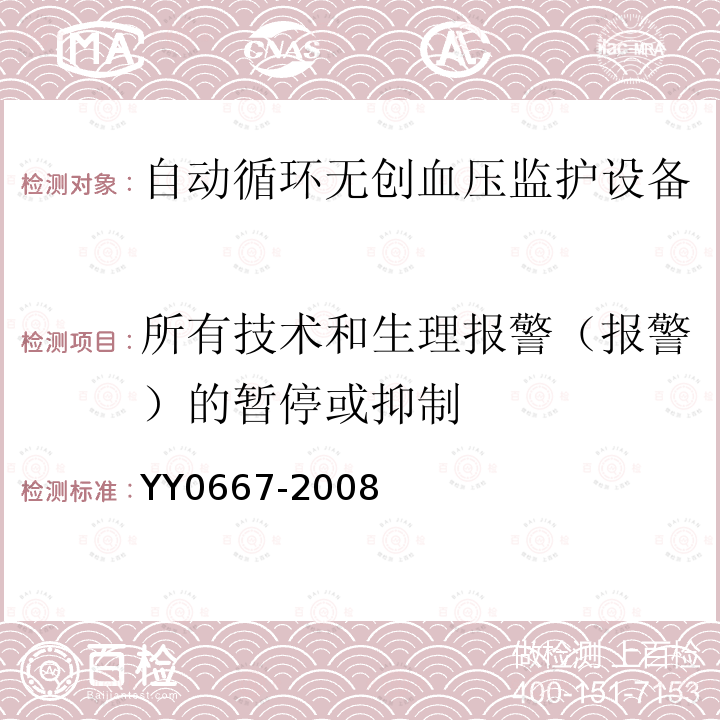 所有技术和生理报警（报警）的暂停或抑制 YY 0667-2008 医用电气设备 第2-30部分:自动循环无创血压监护设备的安全和基本性能专用要求