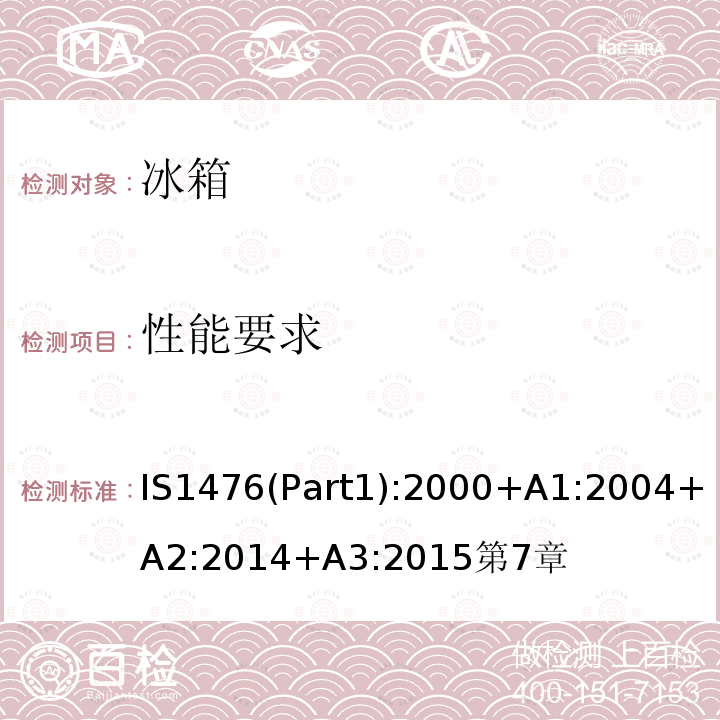 性能要求 IS1476(Part1):2000+A1:2004+A2:2014+A3:2015第7章 家用制冷器具性能—具有或不具有低温间室的冰箱 第1部分 耗电量和性能