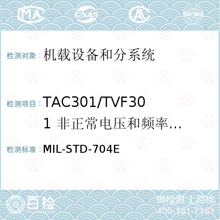 TAC301/TVF301
 非正常电压和频率极限 MIL-STD-704E 飞机供电特性