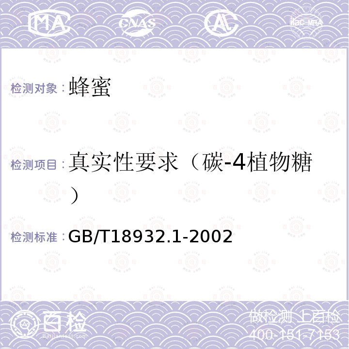 真实性要求（碳-4植物糖） GB/T 18932.1-2002 蜂蜜中碳-4植物糖含量测定方法 稳定碳同位素比率法