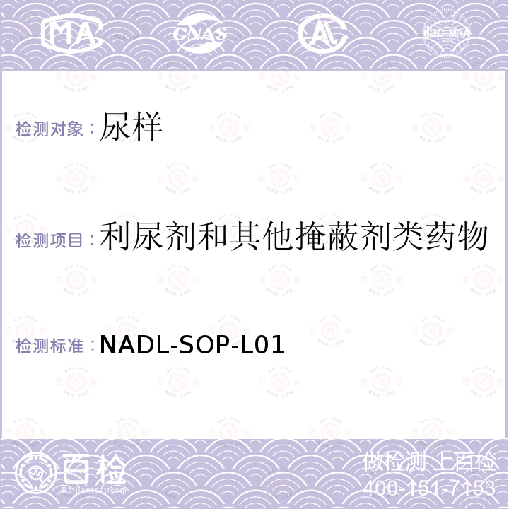 利尿剂和其他掩蔽剂类药物 NADL-SOP-L01 液相色谱串接质谱联用分析方法-利尿剂和掩蔽剂类及部分其他药物标准检测方法