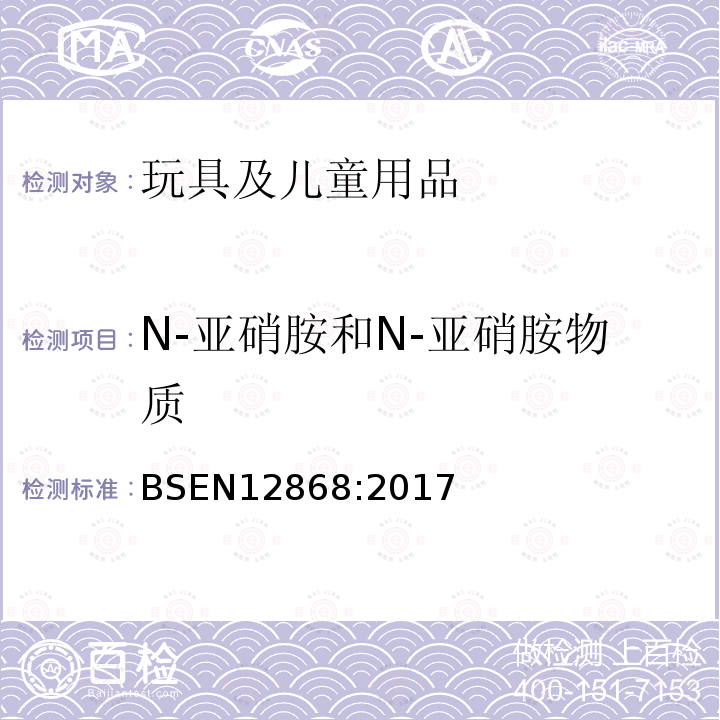 N-亚硝胺和N-亚硝胺物质 BSEN 12868:2017 儿童使用和保育用品.测定弹性体或橡胶奶头和安慰奶嘴中释放的的方法