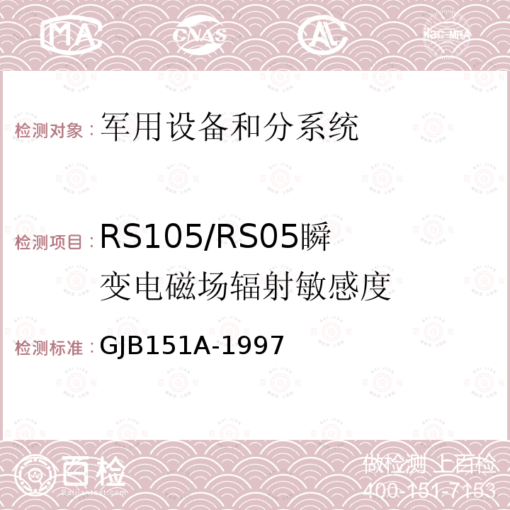 RS105/RS05
瞬变电磁场辐射敏感度 GJB151A-1997 军用设备和分系统电磁发射和敏感度要求