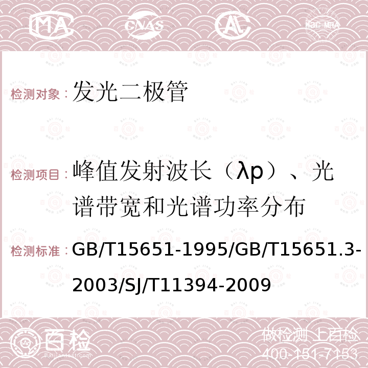 峰值发射波长（λp）、光谱带宽和光谱功率分布 半导体器件 分立器件和集成电路 第5部分：光电子器件/半导体器件 分立器件和集成电路 第5-3部分：光电子器件 /半导体发光二极管测试方法