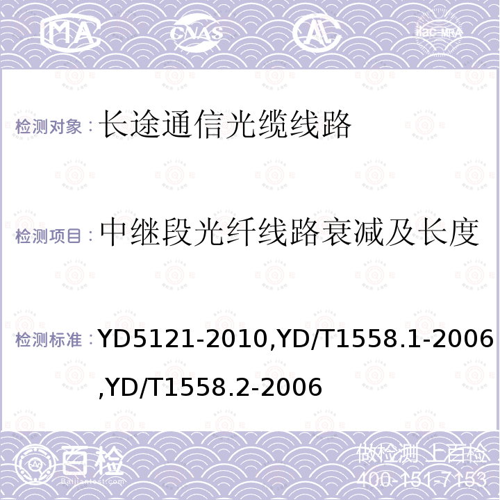 中继段光纤线路衰减及长度 YD 5121-201 长途通信光缆线路工程验收规范  光缆线路性能测量方法第一部分:链路衰减  光缆线路性能测量方法第一部分:光纤接头损耗