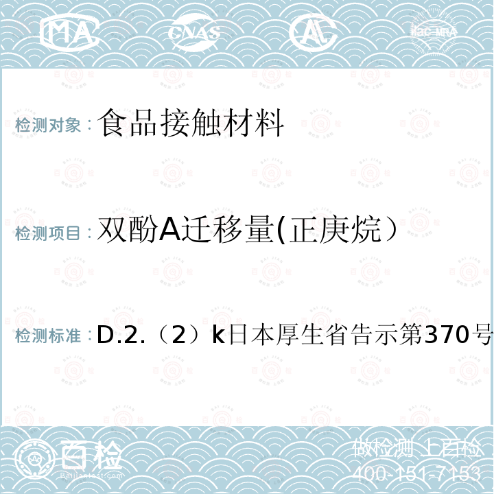 双酚A迁移量(正庚烷） 食品、器具、容器和包装、玩具、清洁剂的标准和检测方法