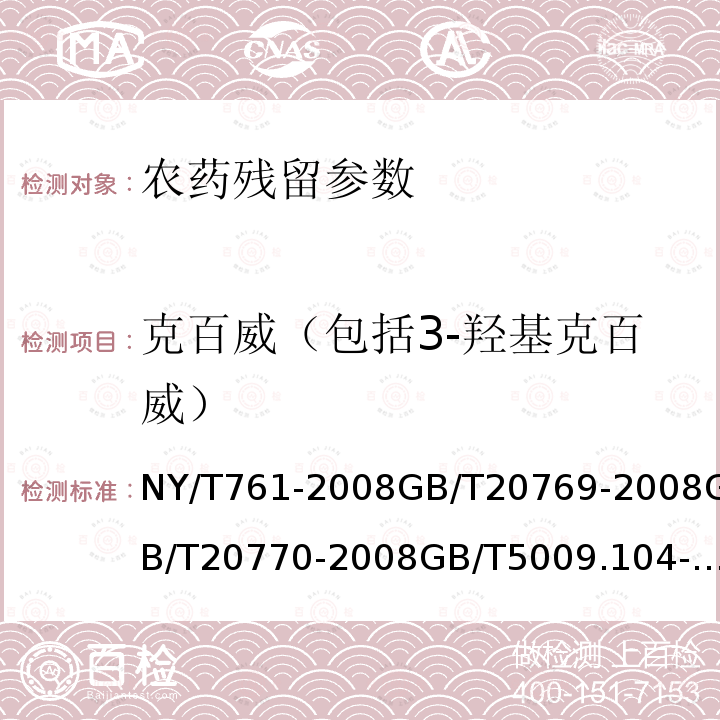 克百威（包括3-羟基克百威） 蔬菜和水果中有机磷、有机氯、拟除虫菊酯和氨基甲酸酯类农药多残留的测定 水果和蔬菜中450种农药及相关化学品残留量的测定 液相色谱-串联质谱法 粮谷中486种农药及相关化学品残留量的测定 液相色谱-串联质谱法 植物性食品中氨基甲酸酯类农药残留量的测定 出口水果和蔬菜中克百威残留量检验方法 韭菜中甲胺磷等七种农药残留检测方法