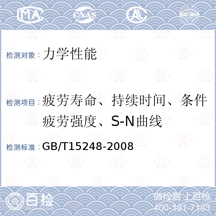 疲劳寿命、持续时间、条件疲劳强度、S-N曲线 GB/T15248-2008金属材料轴向等幅低循环疲劳试验方法