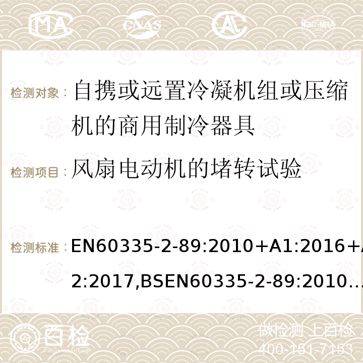 风扇电动机的堵转试验 家用和类似用途电器的安全自携或远置冷凝机组或压缩机的商用制冷器具的特殊要求