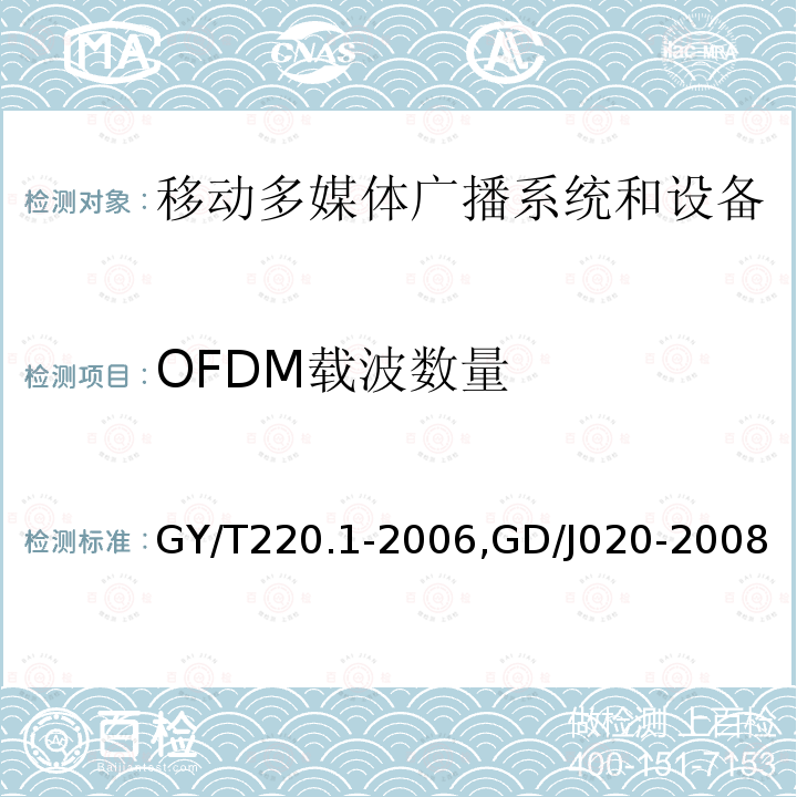 OFDM载波数量 GD/J 020-2008 移动多媒体广播 第1部分：广播信道帧结构、信道编码和调制,
移动多媒体广播UHF频段发射机技术要求和测量方法