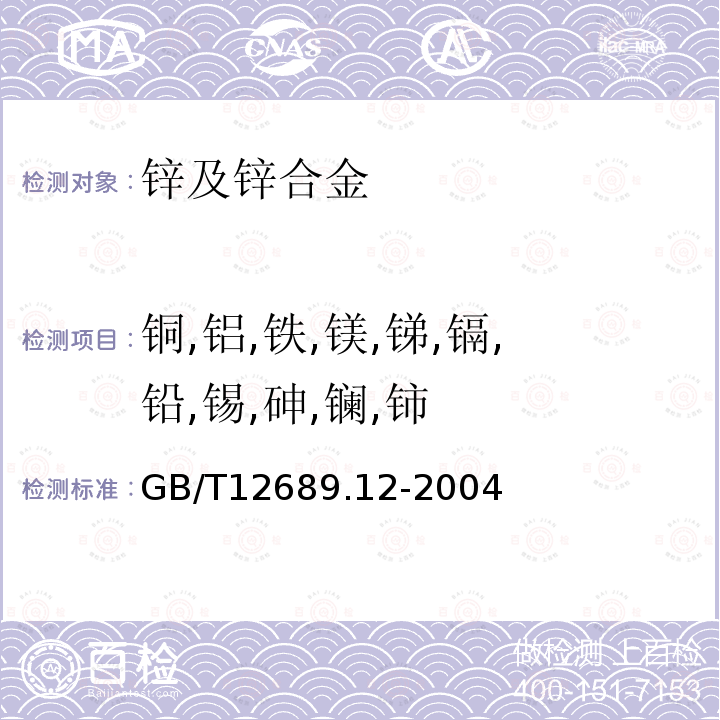 铜,铝,铁,镁,锑,镉,铅,锡,砷,镧,铈 锌及锌合金化学分析方法 铅、镉、铁、铜、锡、铝、砷、锑、镁、镧、铈量的测定 电感耦合等离子体-发射光谱法