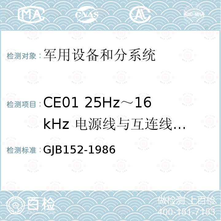 CE01 25Hz～16kHz 电源线与互连线传导发射 军用设备和分系统电磁发射和敏感度测量