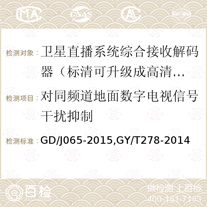 对同频道地面数字电视信号干扰抑制 卫星直播系统综合接收解码器（标清可升级成高清卫星地面双模型）技术要求和测量方法，
卫星直播系统综合接收解码器（加密标清定位型）技术要求和测量方法