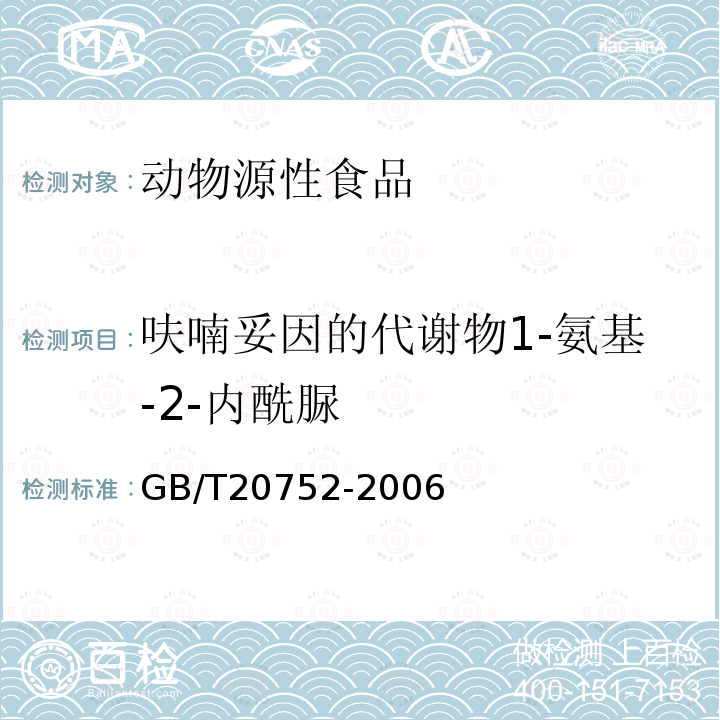 呋喃妥因的代谢物1-氨基-2-内酰脲 猪肉、牛肉、鸡肉、猪肝和水产品中硝基呋喃类代谢物残留量的测定 液相色谱-串联质谱法