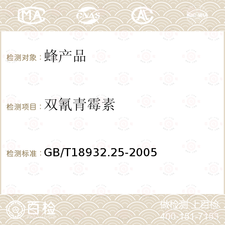 双氰青霉素 蜂蜜中青霉素G、青霉素V、乙氧萘青霉素、苯唑青霉素、邻氯青霉素、双氰青霉素残留量的测定方法 液相色谱-串联质谱法