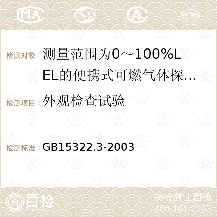 外观检查试验 可燃气体探测器 第3部分:测量范围为0～100%LEL的便携式可燃气体探测器