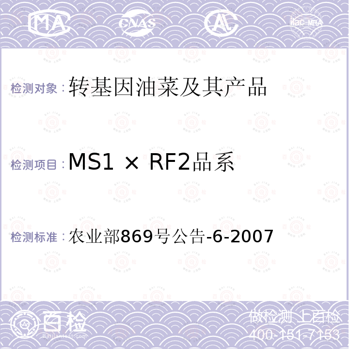 MS1 × RF2品系 农业部869号公告-6-2007 转基因植物及其产品成分检测抗除草剂油菜MS1、RF2及其衍生品种定性PCR方法