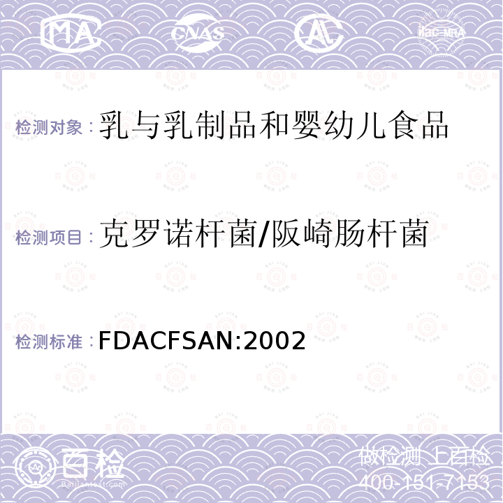 克罗诺杆菌/阪崎肠杆菌 FDACFSAN:2002 婴幼儿配方奶粉中阪崎肠杆菌的分离与技术方法