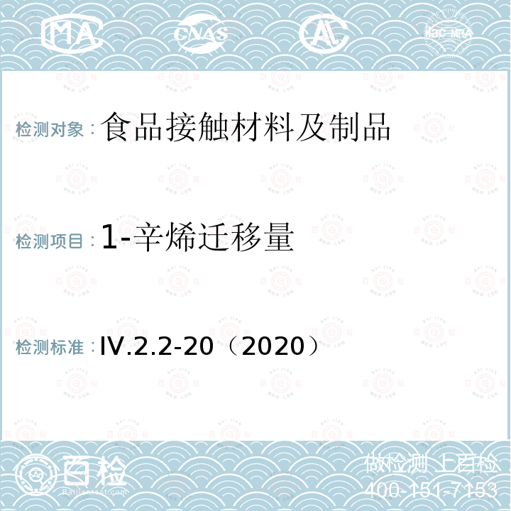 1-辛烯迁移量 韩国食品用器具、容器和包装标准和规范（2020）