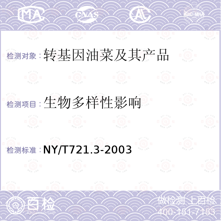 生物多样性影响 NY/T 721.3-2003 转基因油菜环境安全检测技术规范 第3部分:对生物多样性影戏的检测