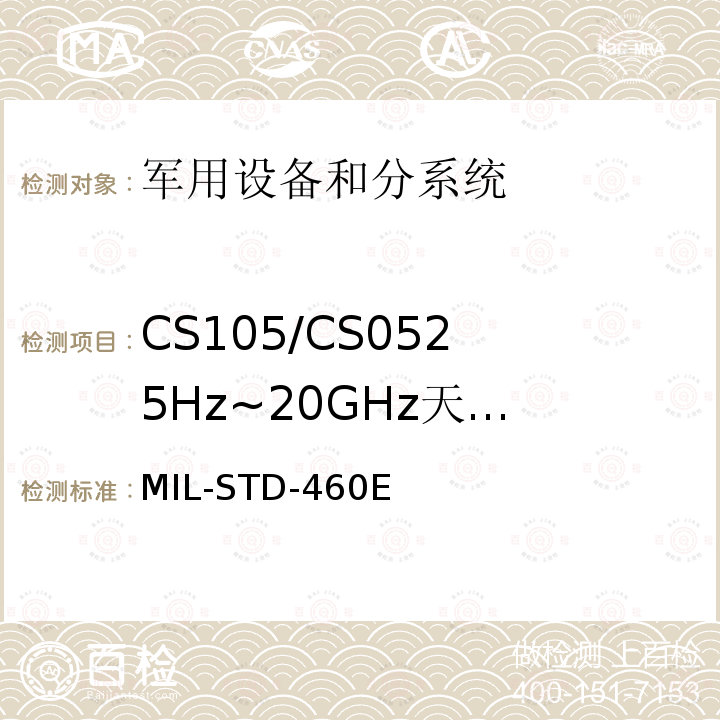 CS105/CS05
25Hz~20GHz
天线端子交调
传导敏感度 分系统和设备电磁干扰特性控制要求