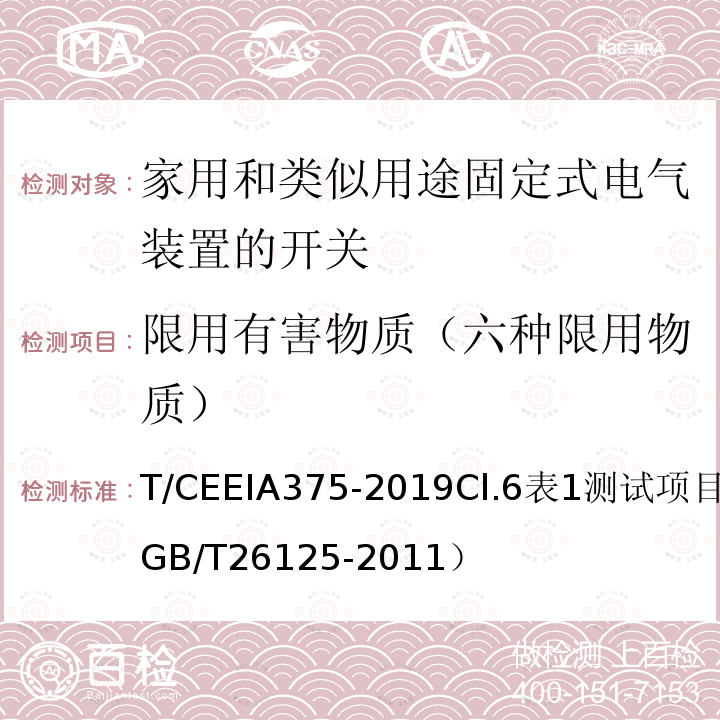 限用有害物质（六种限用物质） 绿色设计产品评价技术规范 家用和类似用途固定式电气装置的开关