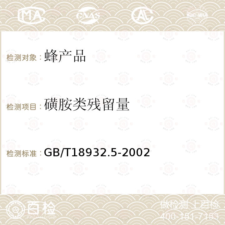 磺胺类残留量 蜂蜜中磺胺醋酰、磺胺吡啶、磺胺甲基嘧啶、磺胺甲氧哒嗪、磺胺对甲氧嘧啶、磺胺氯哒嗪、磺胺甲基异恶唑、磺胺二甲氧嘧啶残留量的测定方法 液相色谱法