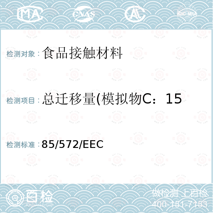 总迁移量(模拟物C：15%(V/V)乙醇水溶液) 关于接触食品的塑料及塑料成型品迁移的试验基本规则