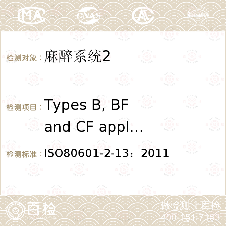 Types B, BF and CF applied parts 医用电气设备第二部分： 麻醉系统的安全和基本性能专用要求