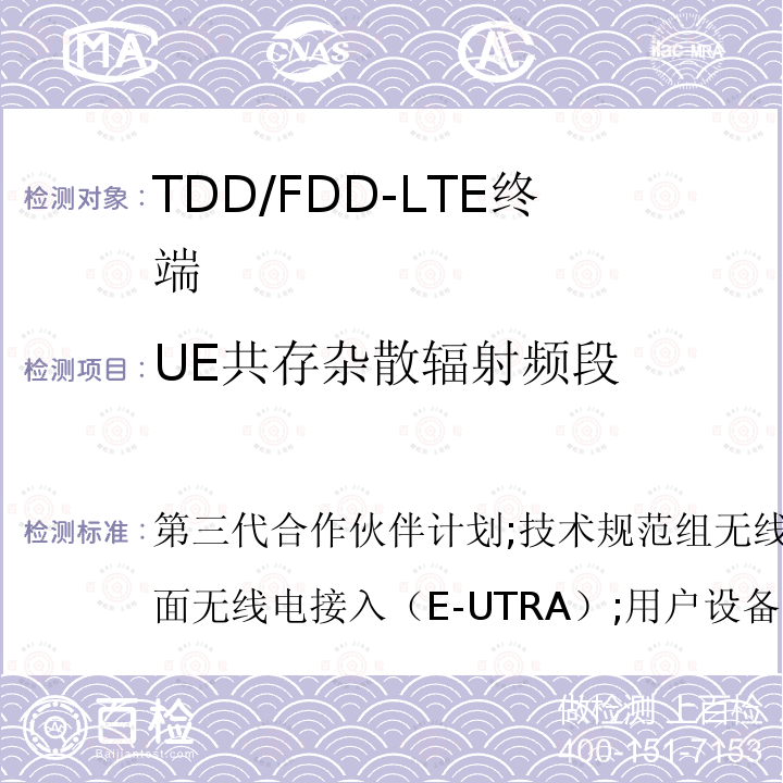 UE共存杂散辐射频段 第三代合作伙伴计划; 技术规范组无线接入网; 演进的通用地面无线电接入（E-UTRA）;用户设备（UE）一致性规范无线电发送和接收第1部分：一致性测试