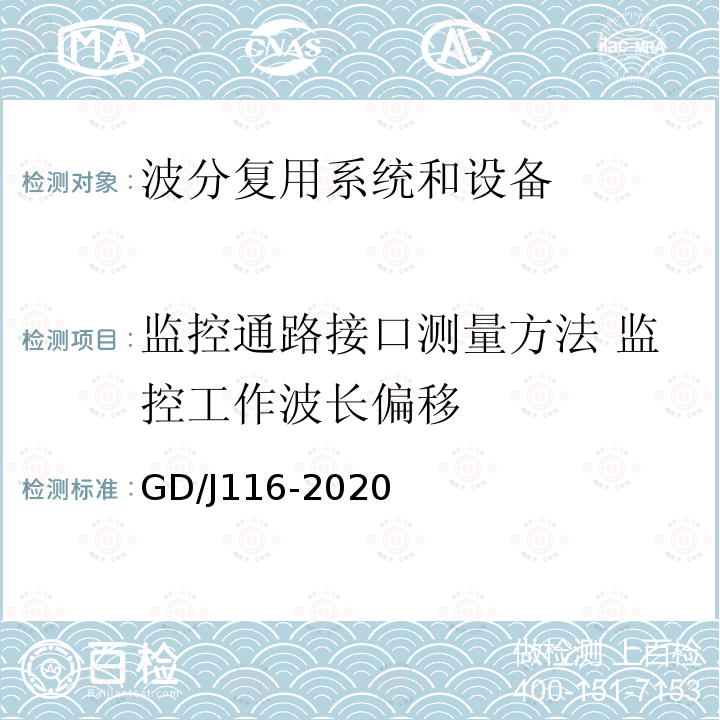 监控通路接口测量方法 监控工作波长偏移 GD/J116-2020 波分复用系统设备技术要求和测量方法