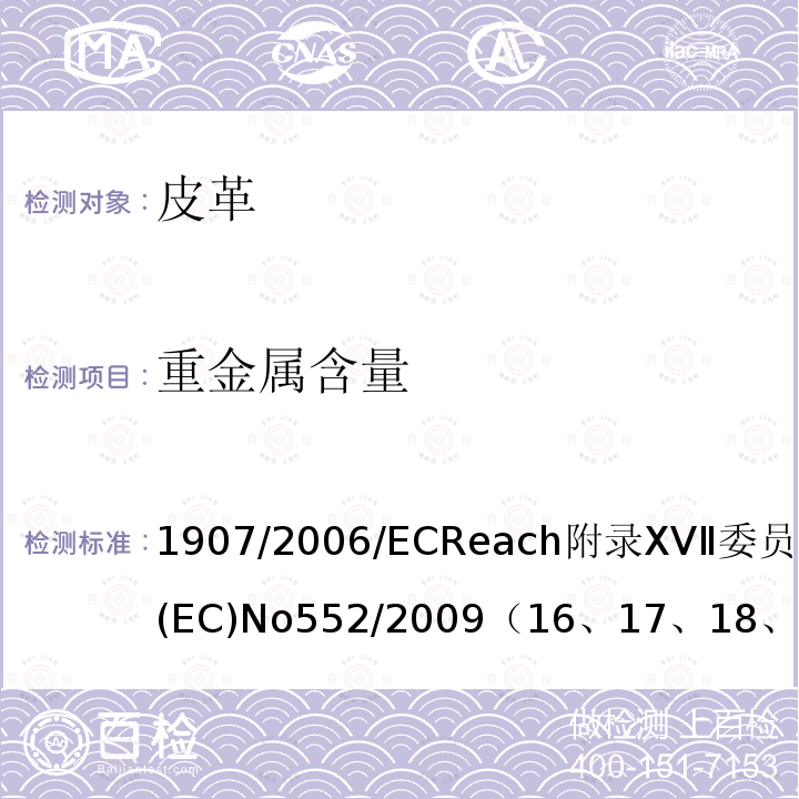 重金属含量 1907/2006/EC  Reach附录XVⅡ委员会条例(EC) No 552/2009
（16、17、18、19、23）