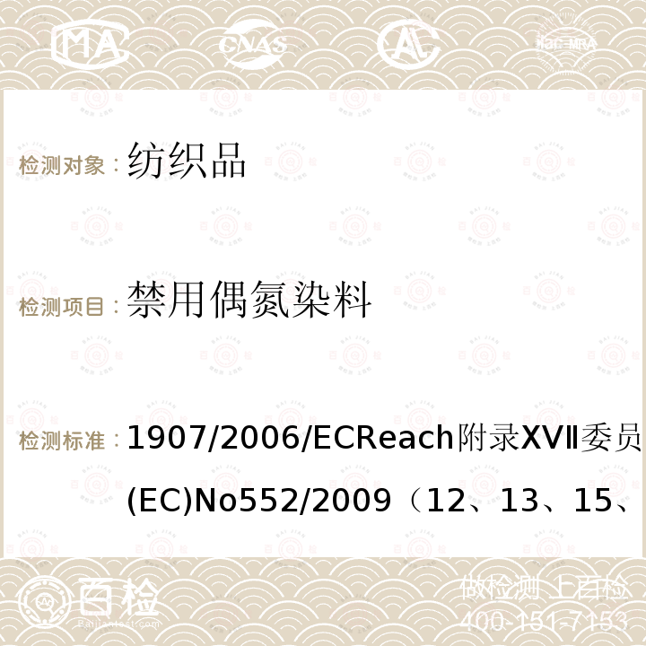 禁用偶氮染料 1907/2006/EC  Reach附录XVⅡ委员会条例(EC) No 552/2009
（12、13、15、43）
