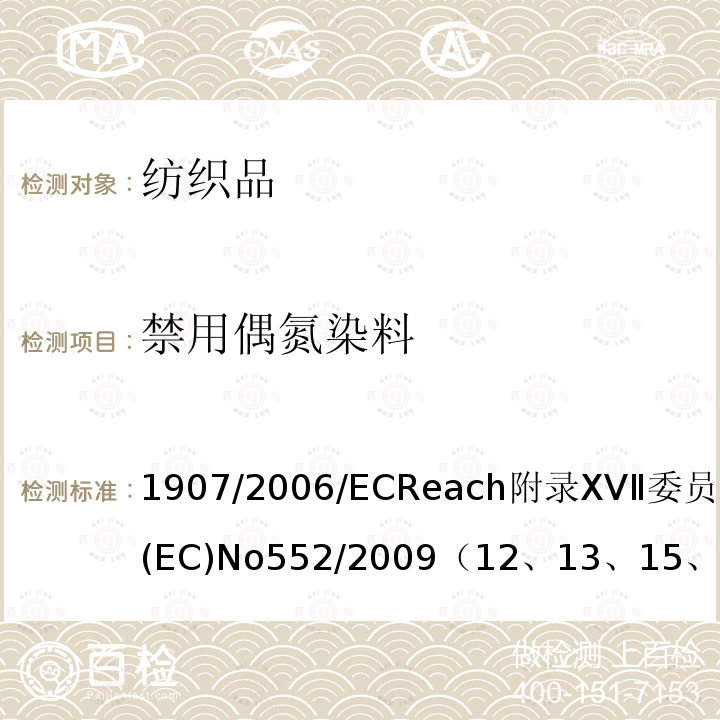 禁用偶氮染料 1907/2006/EC Reach附录XVⅡ委员会条例(EC) No 552/2009
（12、13、15、43）