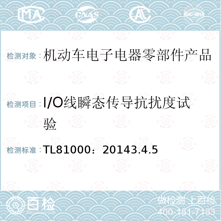 I/O线瞬态传导抗扰度试验 TL81000：20143.4.5 汽车电子零部件电磁兼容性能