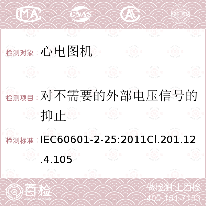 对不需要的外部电压信号的抑止 医用电气设备--第2-25部分:心电图机的基本安全和基本性能专用要求