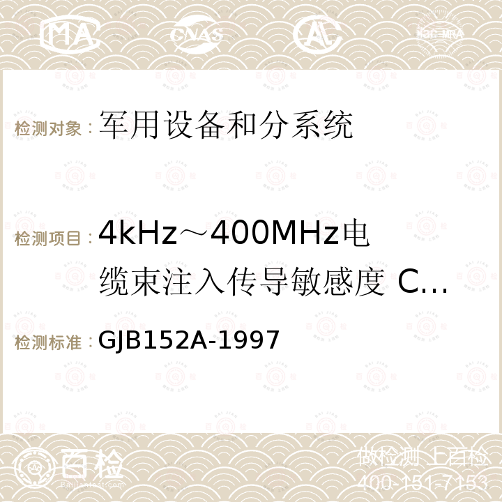 4kHz～400MHz电缆束注入传导敏感度 CS10/CS114 军用设备和分系统电磁发射和敏感度测量