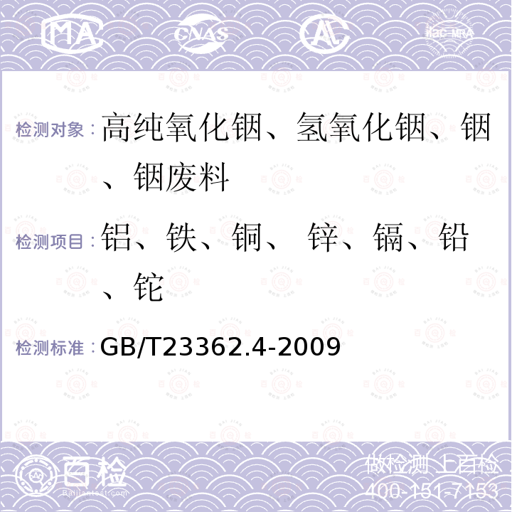 铝、铁、铜、 锌、镉、铅、铊 GB/T 23362.4-2009 高纯氢氧化铟化学分析方法 第4部分:铝、铁、铜、锌、镉、铅和铊量的测定 电感耦合等离子体质谱法