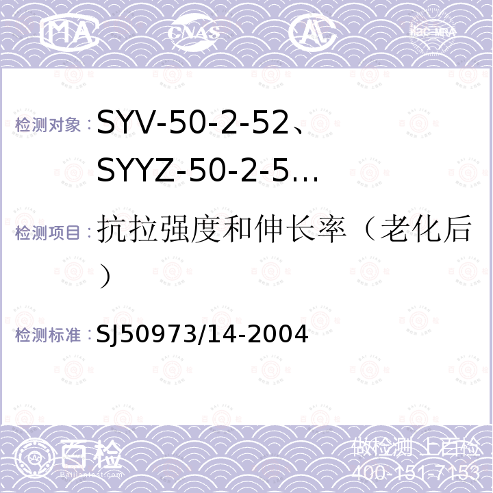 抗拉强度和伸长率（老化后） SYV-50-2-52、SYYZ-50-2-52型实心聚乙烯绝缘柔软射频电缆详细规范