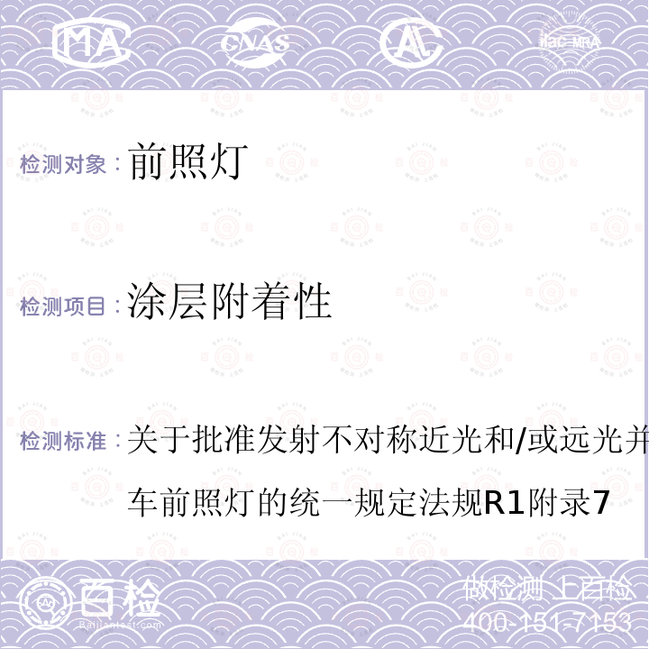 涂层附着性 关于批准发射不对称近光和/或远光并装有R2类白炽灯机动车前照灯的统一规定