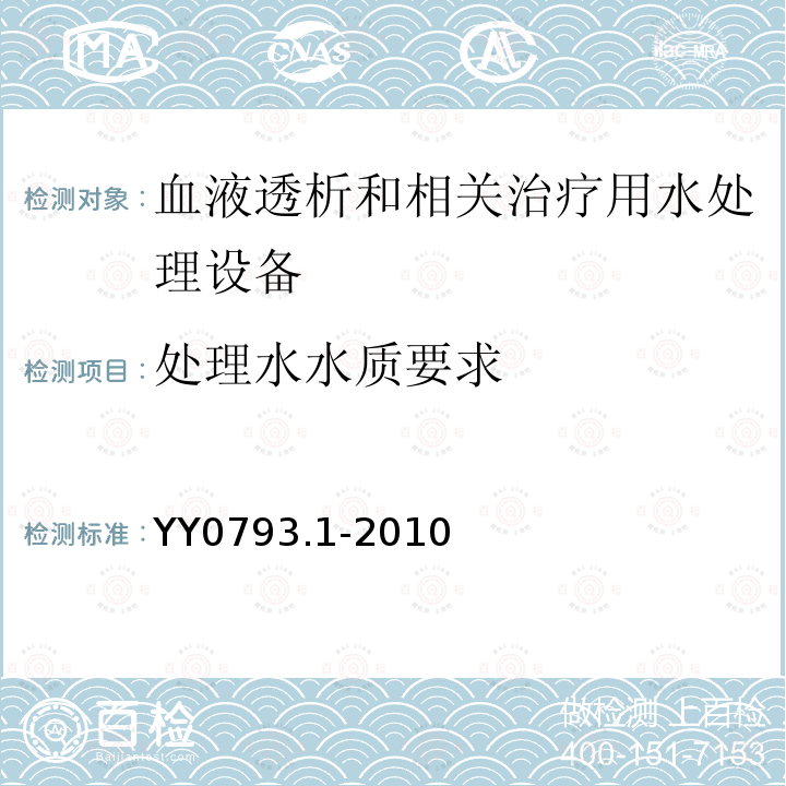 处理水水质要求 血液透析和相关治疗用水处理设备技术要求 第1部分：用于多床透析