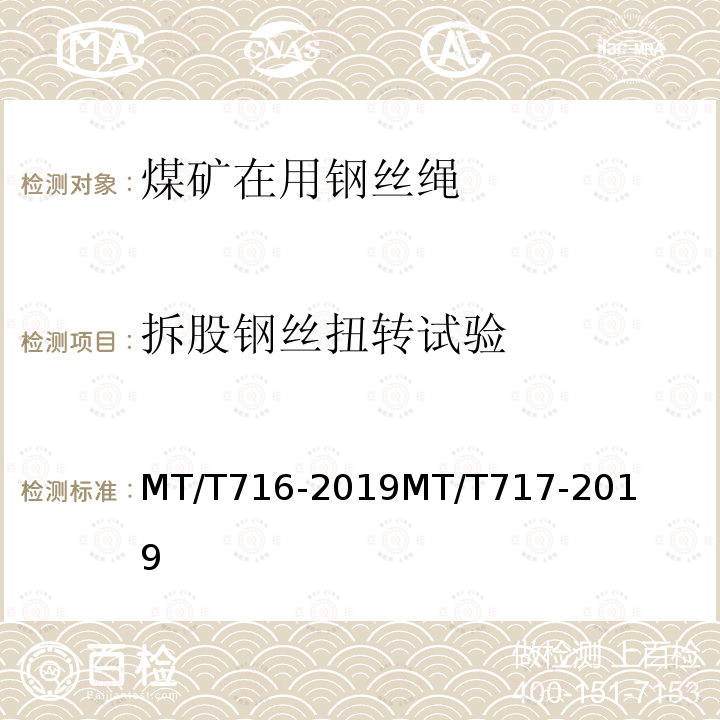 拆股钢丝扭转试验 煤矿重要用途钢丝绳验收技术条件 
 煤矿重要用途在用钢丝绳性能测定方法及判定规则 
 煤矿安全规程