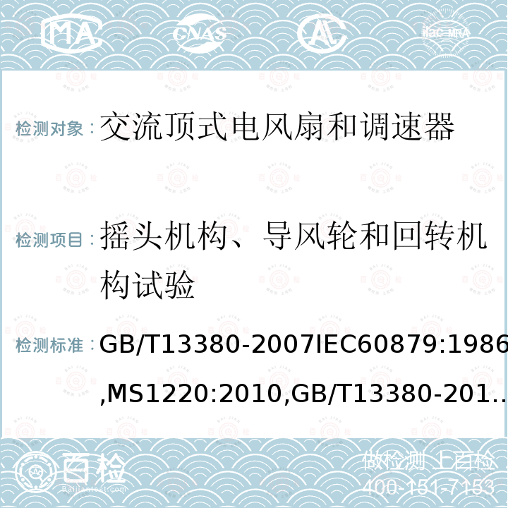 摇头机构、导风轮和回转机构试验 电风扇及其调速器