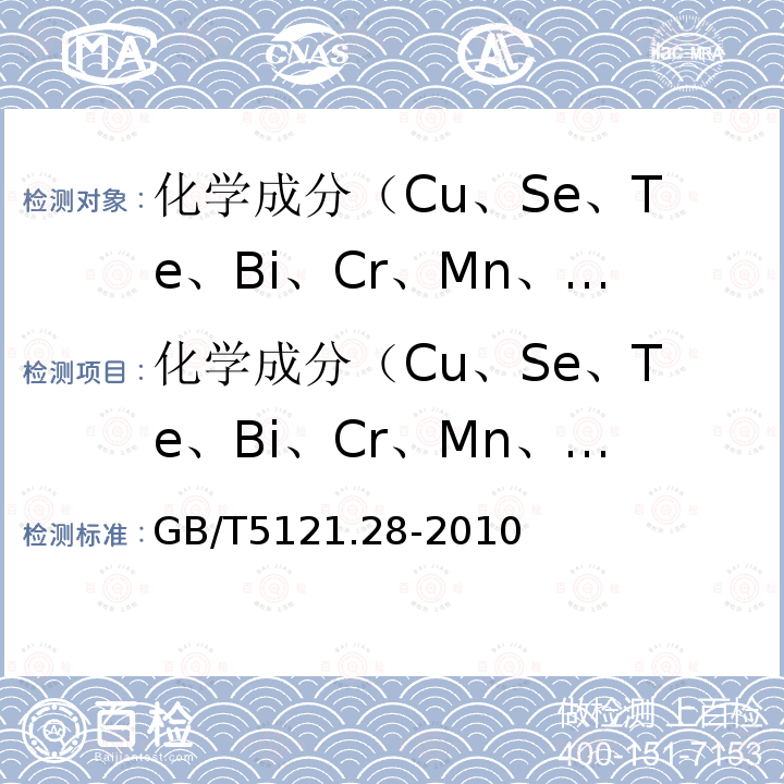 化学成分（Cu、Se、Te、Bi、Cr、Mn、Sb、Cd、As、P、Pb、S、Sn、Ni、Fe、Si、Zn、Co、Ag) 铜及铜合金化学分析方法 第28部分:铬、铁、锰、钴、镍、锌、砷、硒、银、镉、锡、锑、碲、铅、铋量的测定 电感耦合等离子体质谱法