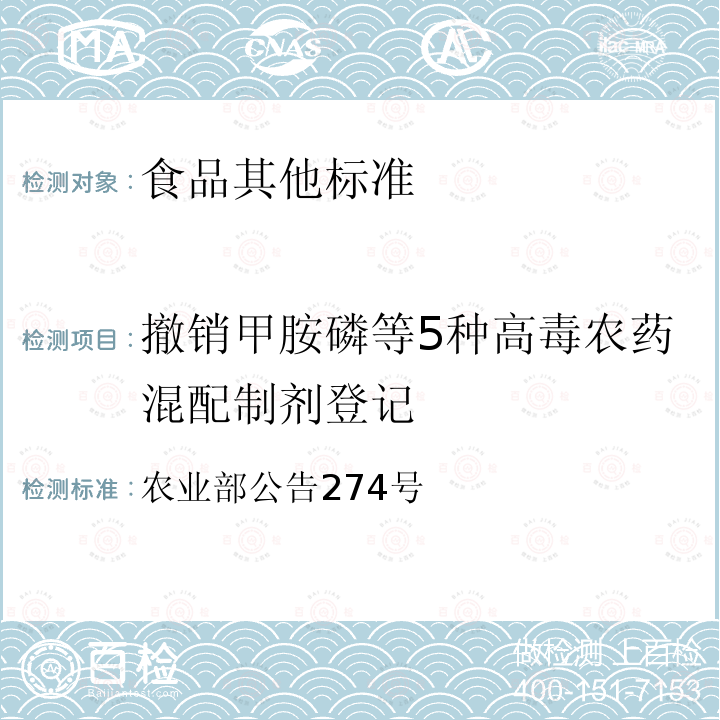撤销甲胺磷等5种高毒农药混配制剂登记 农业部公告274号 中华人民共和国