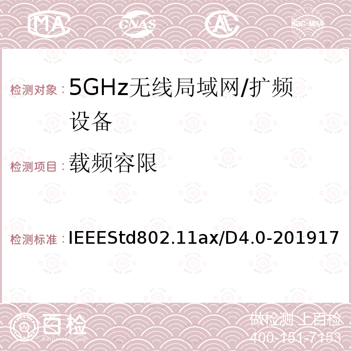 载频容限 IEEE信息技术标准草案 - 系统之间的电信和信息交换局域网和城域网 - 特殊要求第11部分：高效率的无线局域网媒体访问控制（MAC）和物理层（PHY）规范修正案增强