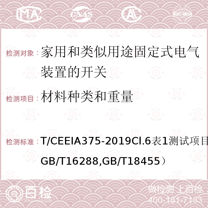 材料种类和重量 绿色设计产品评价技术规范 家用和类似用途固定式电气装置的开关