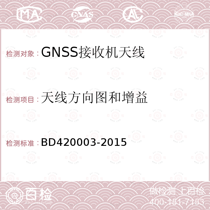 天线方向图和增益 BD420003-2015 北斗/全球卫星导航系统（GNSS）测量型天线性能要求及测试方法