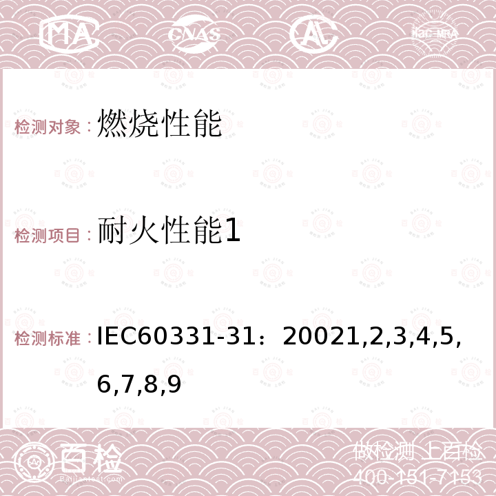 耐火性能1 在火焰条件下电缆的线路完整性试验—第31部分：供火并施加冲击的试验程序和要求—额定电压0.6/1kV及以下电缆